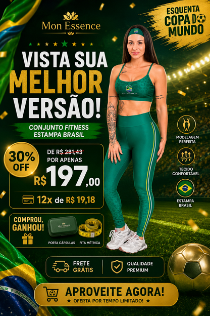 Conjunto Fitness Calça Legging e Top Estampa Digital Verde Brasil